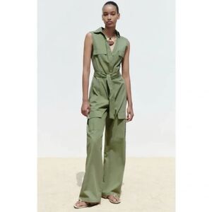 Zara Olive Green Straight Leg Cargo Jumpsuit Size Small NWT